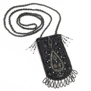 Satin Beaded Mini Pouch Crossbody Flapper Victorian Ornate Evening Bag Black